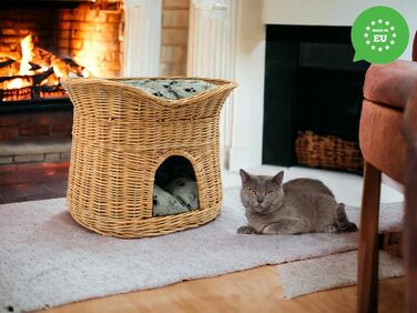 Кошик для кота зі спального місця, котяча хата з лози 60 см, двоповерхове ліжко для котів і собак з м'якою сірою подушкою, натуральний колір