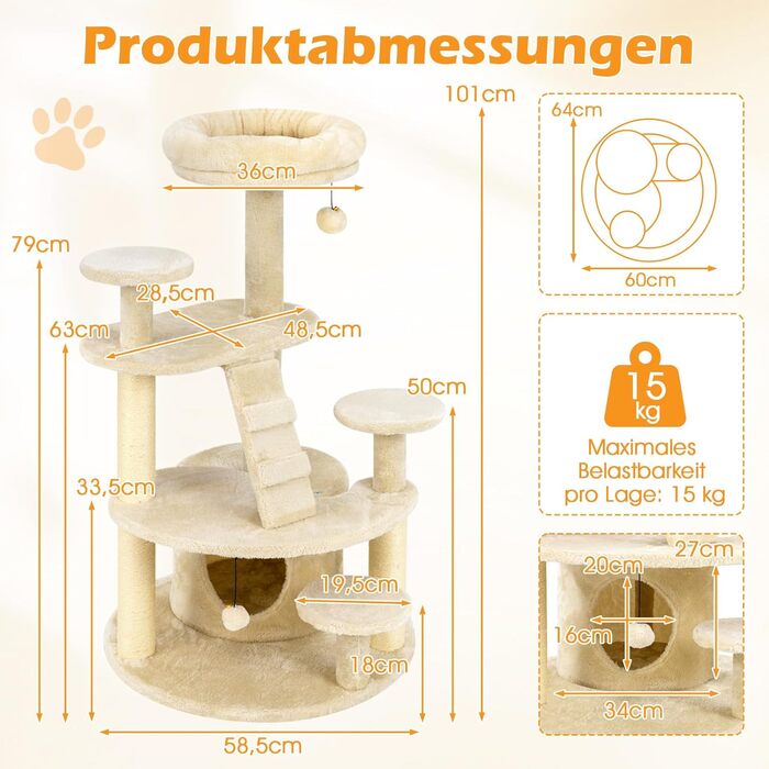 Дерев'яний кігтечка для котів Costway з будиночком, сходами, платформами та іграшкою (світло-бежевий)