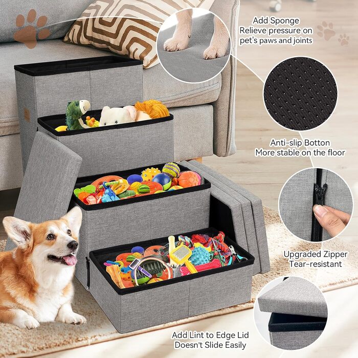 Сходинки для собак, 58,4 см, 4 сходинки, широкі, для високих ліжок/вікон, складані, сірі. Підходить для маленьких, середніх та великих собак та котів. Розміри: 109,2 x 43,2 x 58,2 см