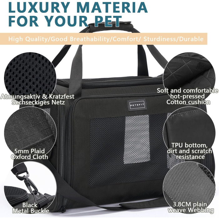 Транспортна сумка для котів та собак Petsfit - складана переноска для тварин з м'яким килимком, 47.5 x 33 x 33 см, чорна