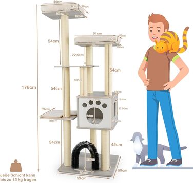 Кігтеточка для котів Costway 6-ярусна, 176 см, з лежаком, будиночком та аркою, сіра