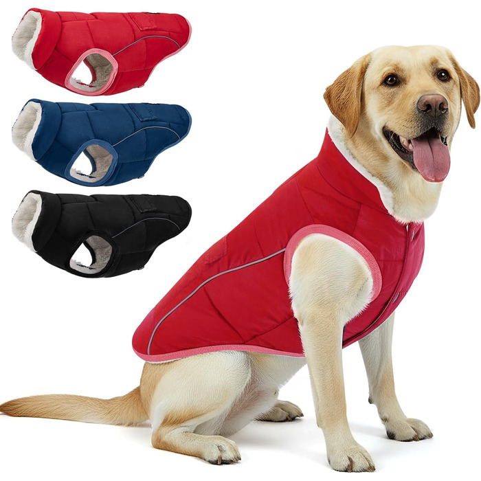 Зимова куртка для собак Nasjac Hund Wintermante - тепла, з флісовою підкладкою, з відбиваючими смугами та кишенями, водовідштовхуюча для собак маленьких та середніх розмірів (Червоний, 2XL)