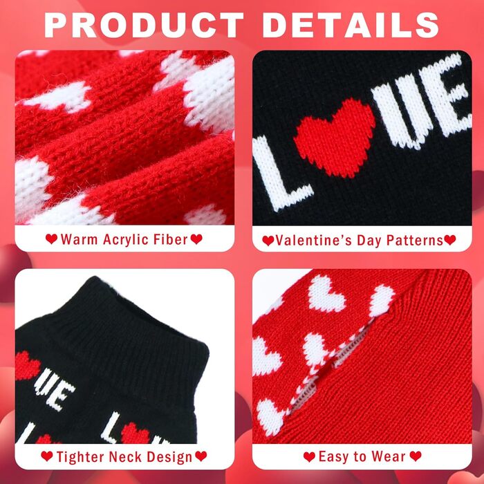 Пуловери для собак на День святого Валентина (2 шт.), теплий в'язаний пуловер з серцем для маленьких, середніх та великих собак, розмір M (червоне серце та чорний текст 