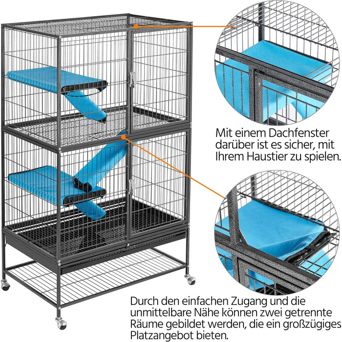 Yaheetech клітка для дрібних тварин, металевий вольєр для гризунів, кроликів, з 4 колесами, 2 знімні платформи та сходи, білий