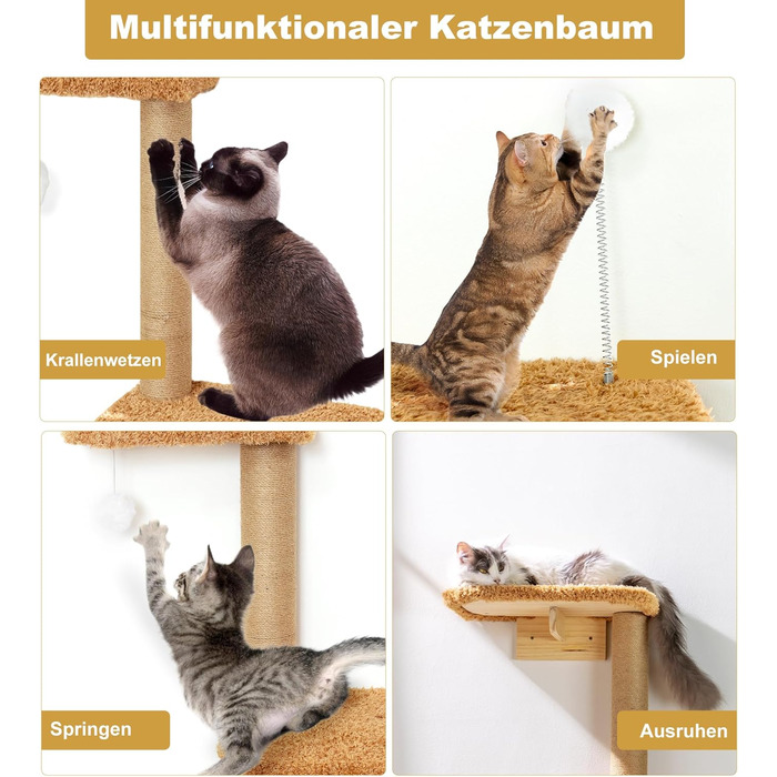 Кліматична стіна для котів Kratzbaum 125 см, 4 яруси, з натурального дерева та міцного фетру, коричнева
