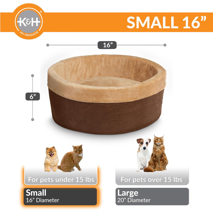 K&H Thermo-Kitty — підігрівальне ліжко для котів, маленьке, 40,6 см, мокко/світло-коричневе, електричне, затишне спальне місце для домашніх тварин