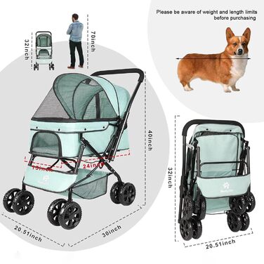 Візок для собак Wedyvko до 20 кг, 4 колеса, складний, для маленьких та середніх собак/кішок, з кошиком для зберігання та тримачем для напоїв, зелений