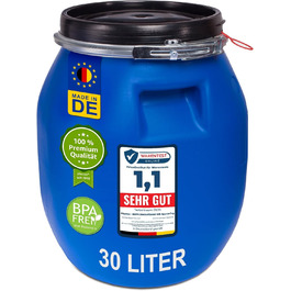 Пластикове відро Plasteo® 30 літрів з кришкою на затискач | Харчовий пластик | Контейнер для корму | Герметичне закриття | Складається в стос та підходить для палет | Міцні ручки | Синій