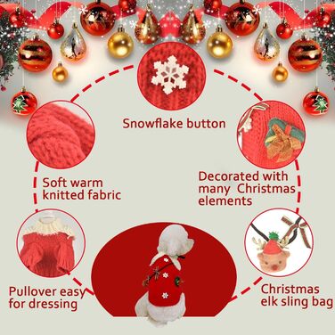 Пуловер для собак MuYaoPet з новорічним мотивом: сніжинки та олень, для собак та котів, в'язаний, з сумкою, костюм ялинки, червоний, розмір L, для прогулянок