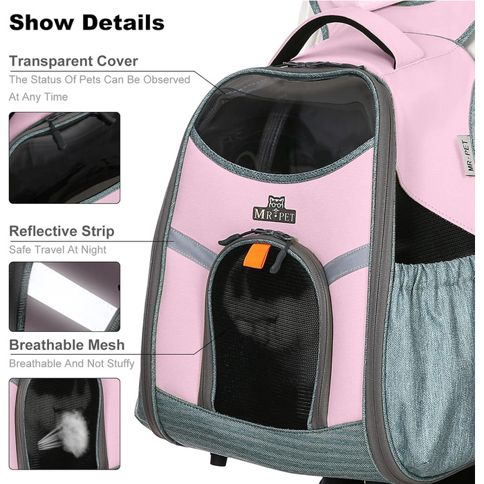 PETCUTE Рюкзак для тварин, рюкзак для собак, дихаючий та складаний рюкзак для котів з внутрішньою страховою стропою, світловідбиваючими смугами, рюкзак для собак з виймальною підстилкою, до 8 кг (Рожевий)
