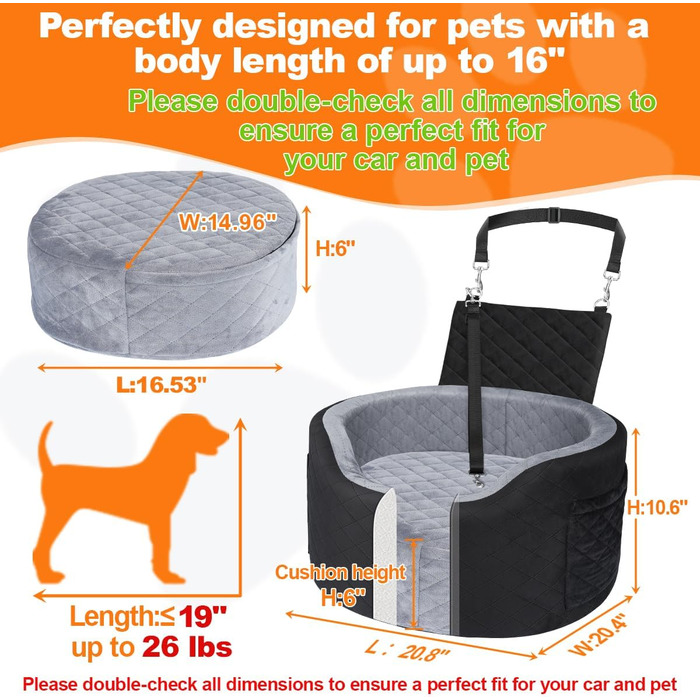 Підвищення для собак у машину, великих та вагою до 25 кг, сірого кольору, з memory foam, велике, з кишенями, ковдрою та ременем безпеки, розмір L