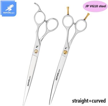 Професійний набір ножиць для грумінгу домашніх тварин 19,1 см, для собак, прямі та зігнуті ножиці, сталь VG10