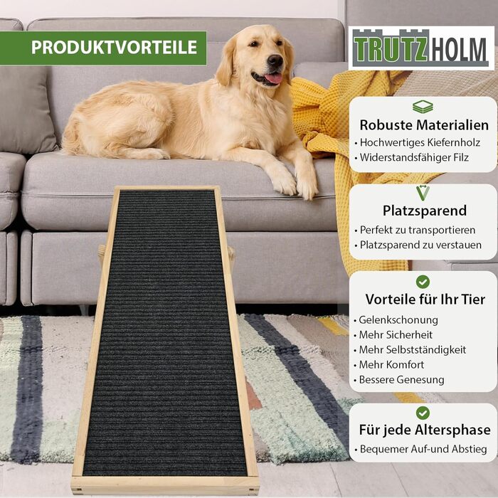 Міцна пандус для собак TRUTZHOLM з соснового дерева, 104x35 см, регульована висота 46/52/56 см, вантажопідйомність 35 кг, м'яка поверхня з фетру, для підйому домашніх тварин