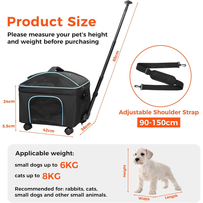 Трансформер для котів та маленьких собак Babenest: сумка-переноска з колесами, для подорожей літаком, з телескопічним ручками та ременем, чорна