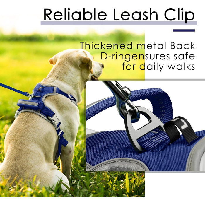 Шлейка для собак ThinkPet проти тяги, дихаюча, з ручкою, світловідбиваюча, регульована, для середніх та великих собак, застібка ззаду/спереду для зручного контролю, L, Темно-синій L (Обхват грудей: 19'-30'), Темно-синій