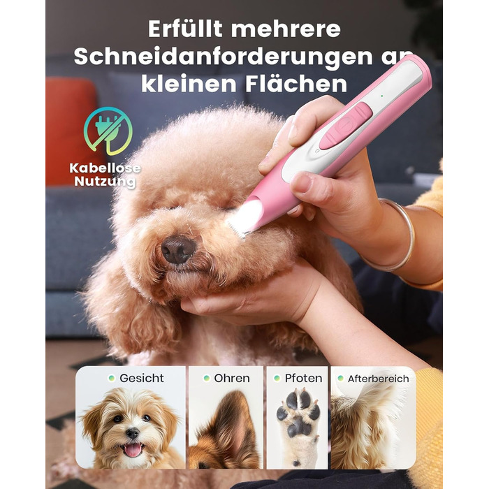 Триммер для собак Oneisall: безшумний, акумуляторний, з LED-підсвічуванням для догляду за лапами, очима, вухами та обличчям (зелений, рожевий)