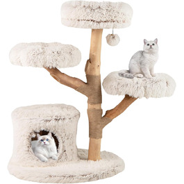 Дерев'яна кігтеточка для котів COSTWAY 102 см з будиночком, платформами та м'яким сидінням, кігтеточний стовпчик з джуту, білий кігтеточний комплекс для котів