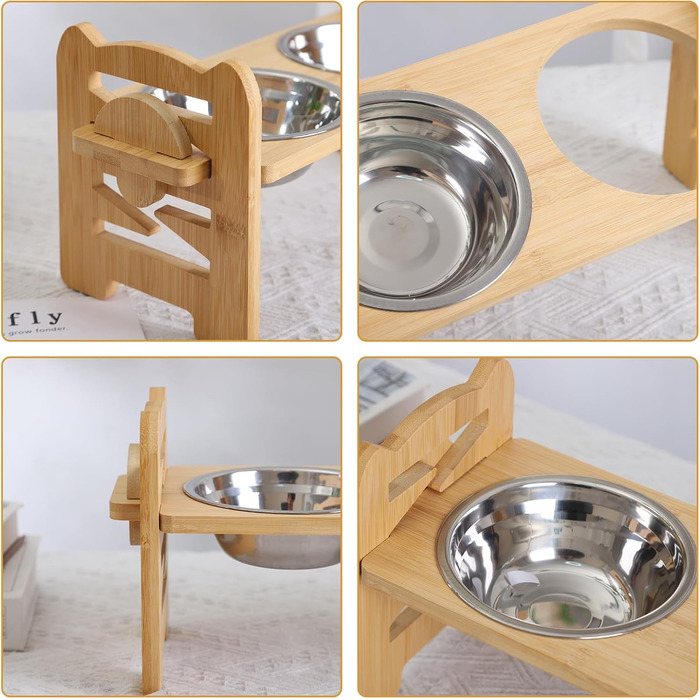 Підвищена годівниця для собак з бамбука з регулюванням висоти, 2 миски з нержавіючої сталі, нахилена годівниця для собак і котів, довговічна