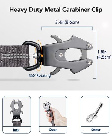 Тактична повід для собак Joytale, еластичний (bungee) повід з двома м'якими ручками, автофіксатор, повід без ривка для собак середніх, великих та екстра-великих порід (1.2м-1.8м, сірий)