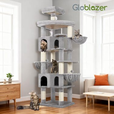 Комплекс для котів Globlazer XXL 209 см з 2 будиночками, великою платформою, 3 кошиками, ситцевими стійками, 8 стовпчиками з сизалю. Стабільний комплекс для котів Globlazer (S82, сірий)