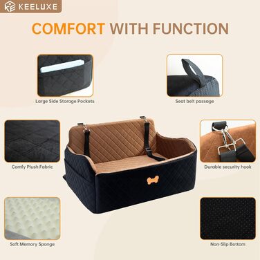 Підвищення для автокрісла для собак великих порід, для собак до 25 кг або 2 маленьких собак, м'яке авто-ліжко для собак з товстого Memory Foam, 2 страхувальні ремені та сумка для зберігання (Коричневий/Чорний)