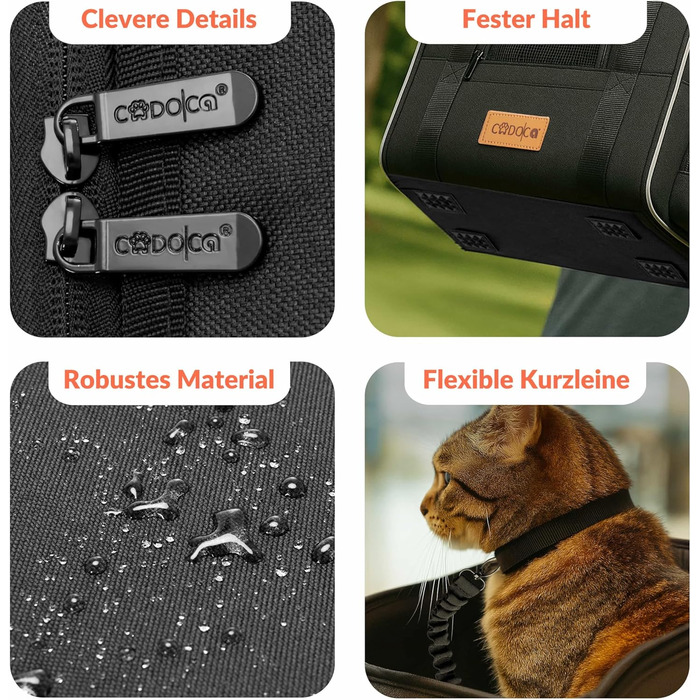 Транспортна переноска для котів CADOCA® до 20 кг, складна, з сонцезахисним дахом, ременем на плече, мискою, дихаюча, комфортна, з обертовим матрацом. Підходить для котів, собак, авто, чорного кольору.