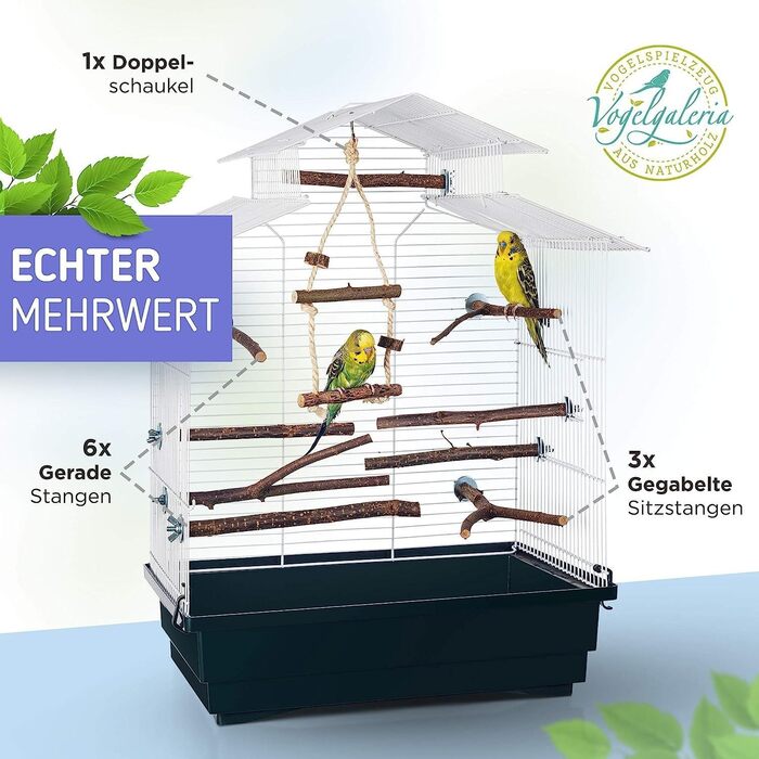 Набір дерев'яних сідал Vogelgaleria 10 шт. для птахів з безкоштовною гойдалкою та 3 Y-подібними сідалами для хвилястих папуг, корел та інших