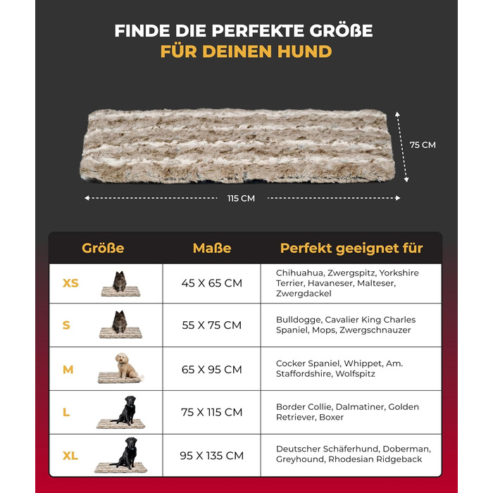 Килимок для собак преміум-якість з антиковзаючою основою (75x115 см) – м'який та зручний – тепла собача ковдра – пісочний колір, Made in Germany 115x75см