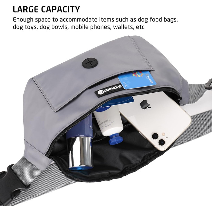 Сумка для собак з відділенням для ласощів та контейнером для відходів, поясна/животна сумка, сіра (нейлон), 12.2 x 12.2 x 5.71 см