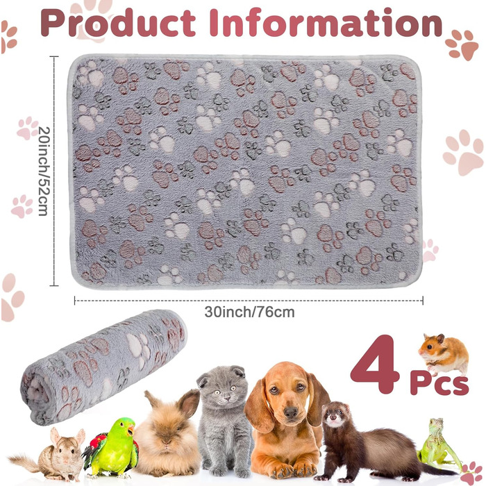 Водонепроникний коврик для собак та котів, фліс, відбиток лапки, 76.2 x 53.3 см, сірий, 4 шт.