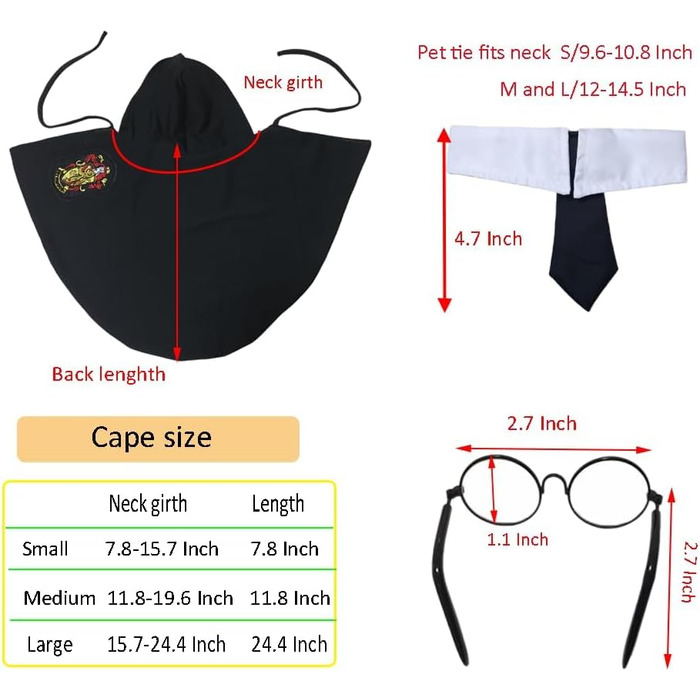 Костюм на Хелловін для собак та котів 3 в 1: магічний плащ, окуляри та краватка. Ідеально для косплею та святкування Хелловіну. Підходить для цуценят, котів та маленьких собак.