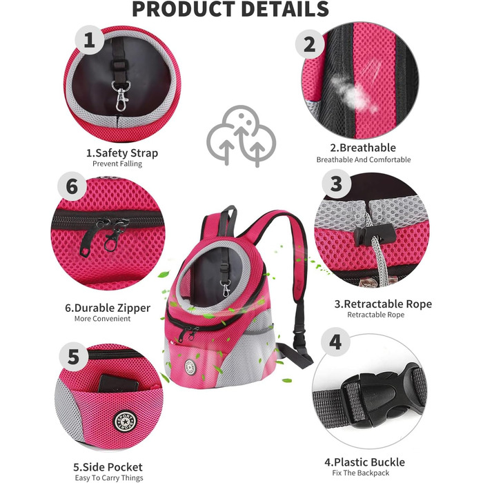 Рюкзак-переноска для собак та котів PETCUTE, рожевий/червоний, з регульованим ременем, водонепроникним дном та зручною передньою кишенею