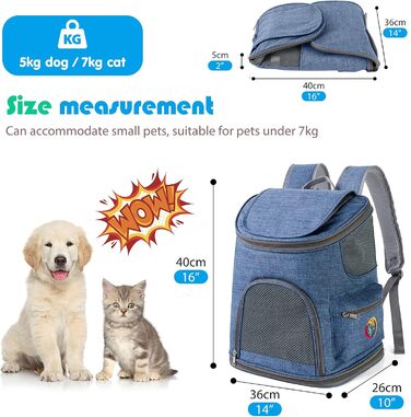 PETCUTE Рюкзак для собак, дихаючий, з м'яким матрацом, складний, з безпечною шлейкою, для подорожей, велосипеда, літака (Темно-синій 1)