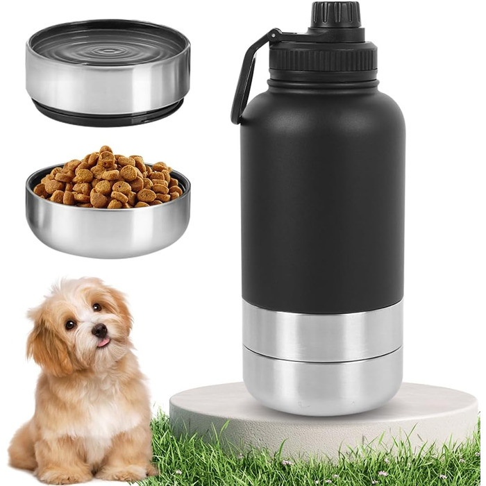 Водяна пляшка для собак на прогулянці, 950 мл, з мискою, ізольована, нержавіюча сталь, для подорожей та активного відпочинку