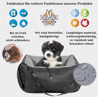 KING DOG Автокрісло для собак до 8 кг. Транспортна переноска для автомобіля з кріпленням на ремінь безпеки та м'яким килимком. Складається, легко миється. Підходить для SUV та легкових автомобілів (55 x 55 см, чорно-сірий)