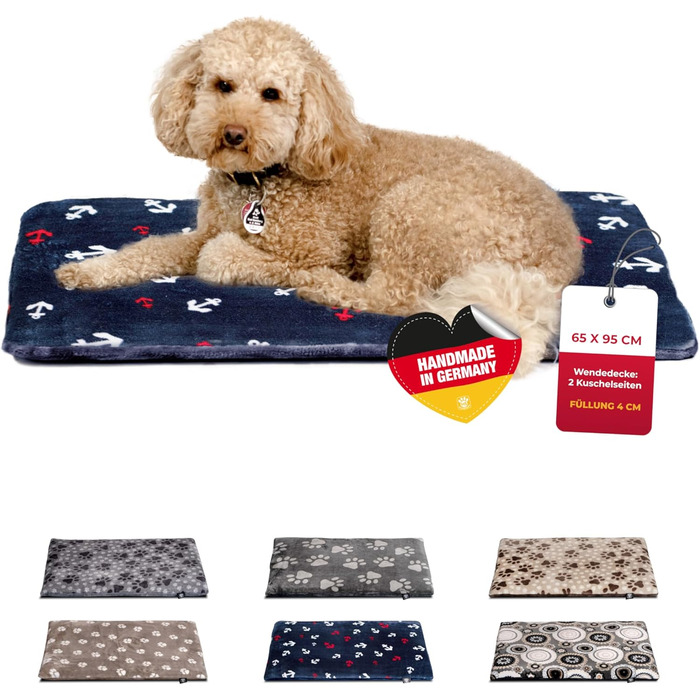 Лежак для собак HS-Hundebett® середній 65x95 см, двосторонній, м'який, 3 см наповнювач, для дивану, авто і переноски, анкер синій, вироблено в Німеччині