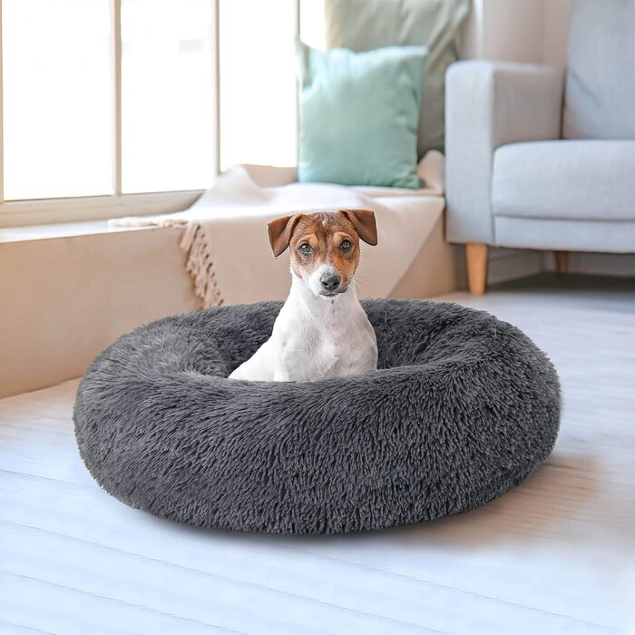 Кругле ліжко для собак та котів Lucky Sign, 70 см, м'яке, плюшеве, сіре, XL