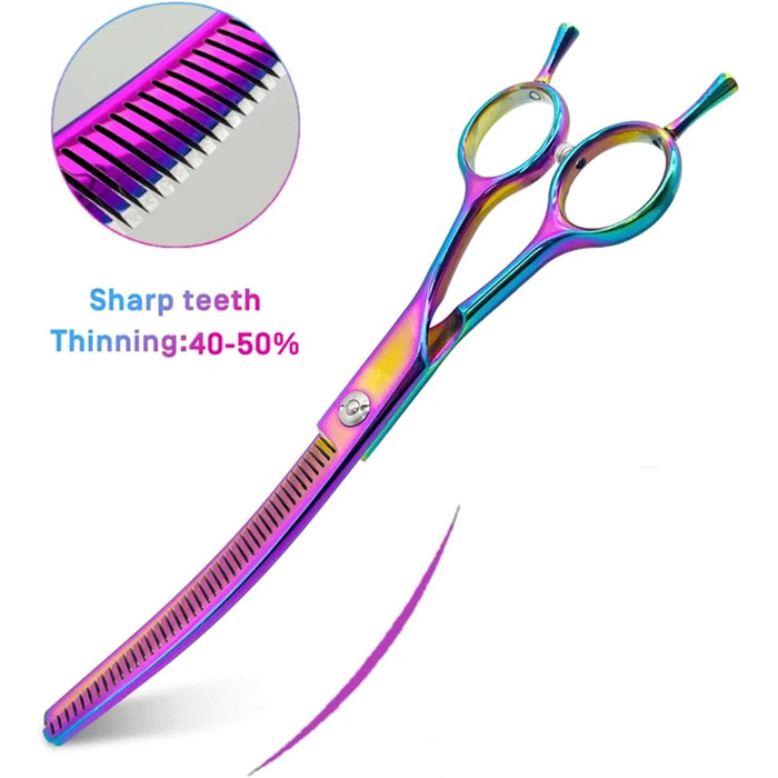 Професійна витончена ножиця для грумінгу собак 7 дюймів, з японської сталі 440C, фіолетового кольору. Зменшує товщину шерсті на 30-60%.