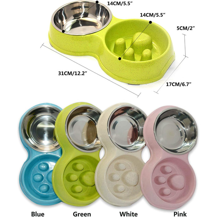 Миска для собак Frenchie Fress, нержавіюча сталь, інтерактивна, для повільного годування, екологічна, білий (зелений)