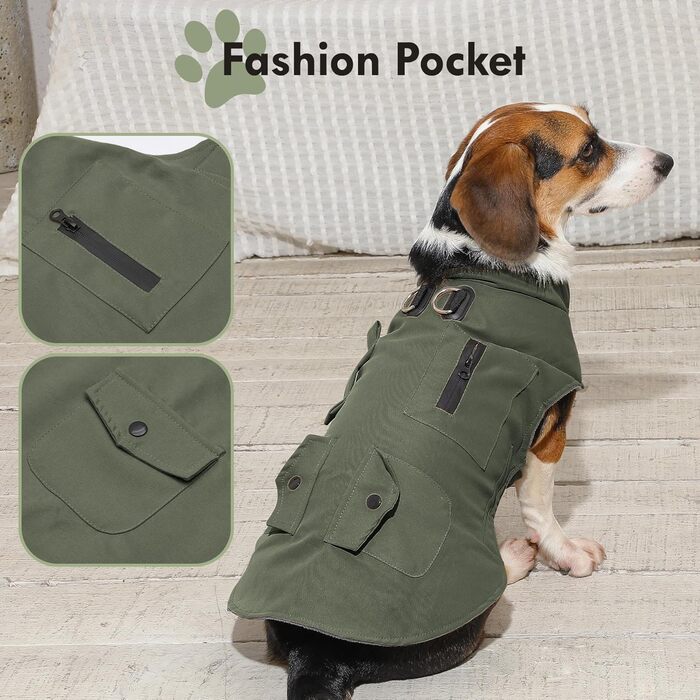 Зимовий теплий одяг для собак маленьких порід, куртка з інтегрованим шлейкою, вітронепроникна, з кишенями для зберігання, колір зелений, розмір XXL (1 шт.), зелений (шлейка)