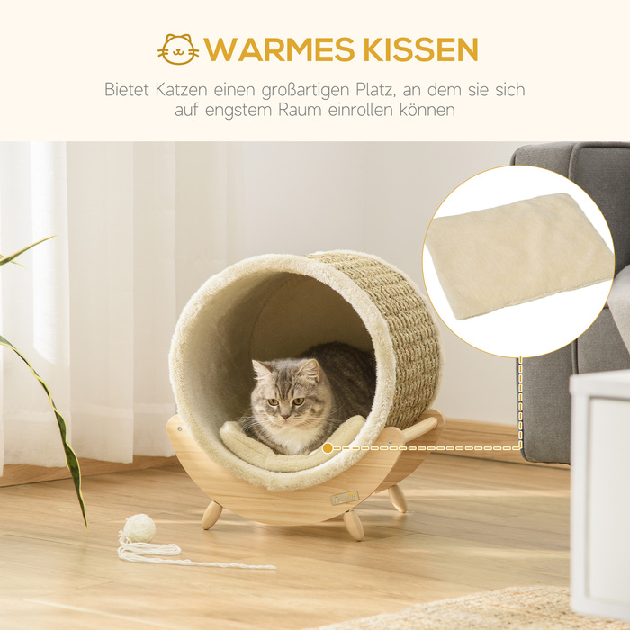 PawHut котячий будиночок з полицею, котяче ліжко, дряпка, деревина сосни, фланель, хакі, натуральний & бежевий, 41x38x43 см | Aosom