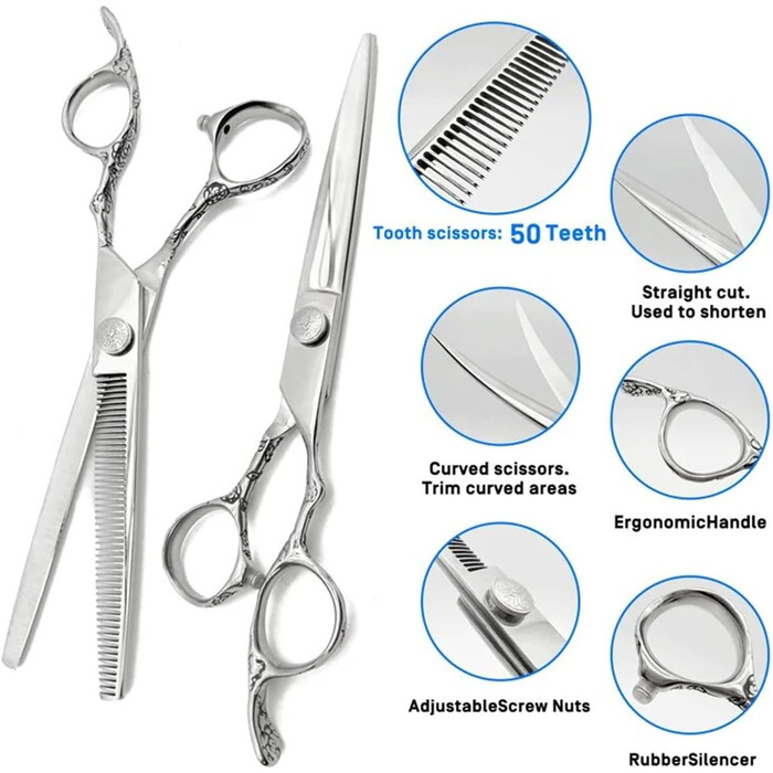 Професійна ножиця для грумінгу собак 7,5 дюймів: набір ножиць для догляду за собаками (вигнуті, прямі, розріджувальні)