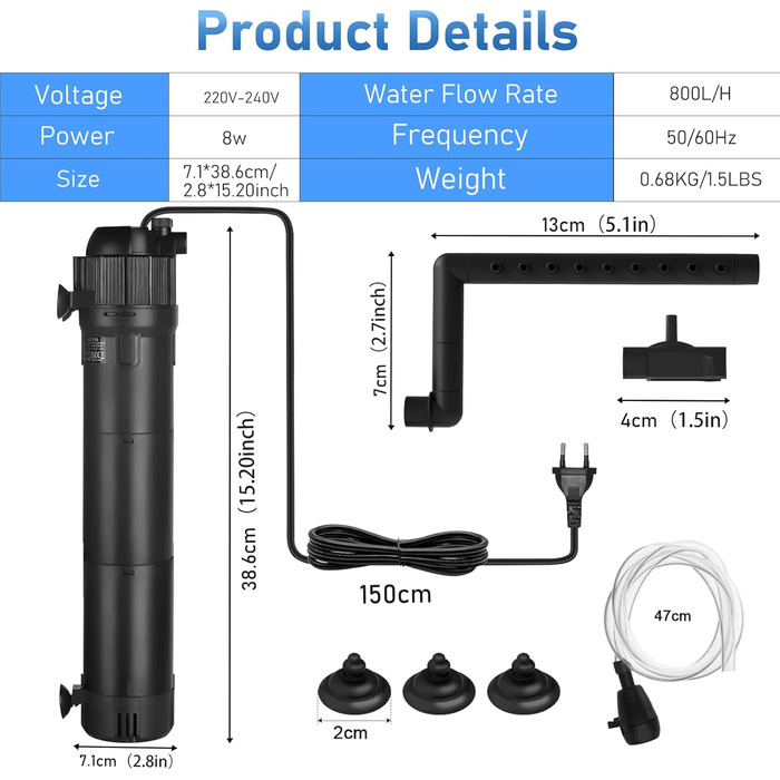 Фільтр для акваріума, 800 л/год, 8 Вт, внутрішній, з підсвічуванням, для акваріумів до 250 л
