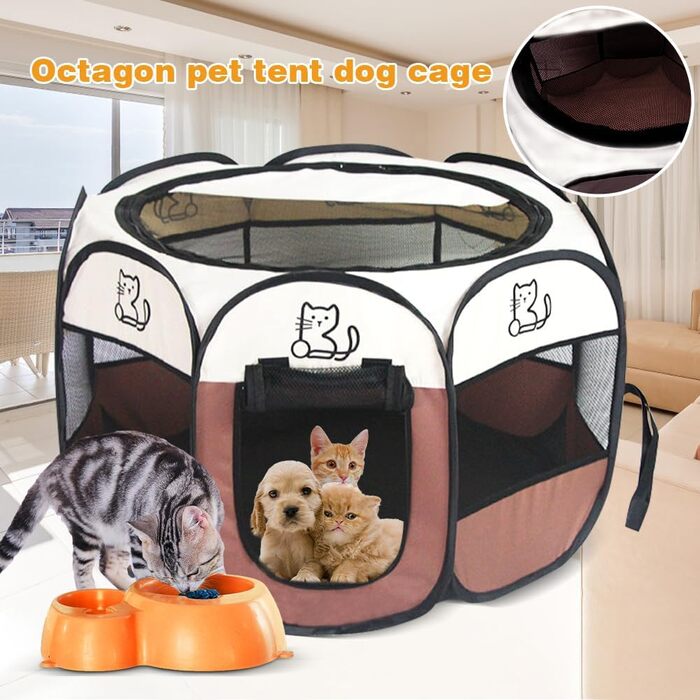 Клітка-вольєр для цуценят та тварин, 74x74x43 см, для собак, котів, кроликів та дрібних тварин, для використання в приміщенні та на вулиці (колір коричневий, восьмикутна)