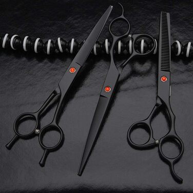 Набір професійних ножиць для грумінгу собак, 18 см (7 дюймів). Включає 2 ножиці для стрижки, ножиці для розрідження та гребінець. Підходить для грумінгу обличчя, шиї, носа та лап собак та котів. Чорний колір.
