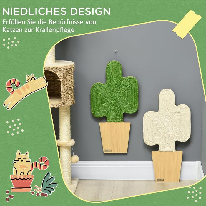 Кігтеточка для котів PawHut 2 шт. з джгутового мотузка, настінна, у вигляді кактуса, 30 x 60 см