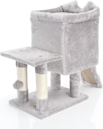 Дряпка для котів Fudajo 60 см з будиночком, платформами та ігровими елементами, покриття сизаль, сірий колір