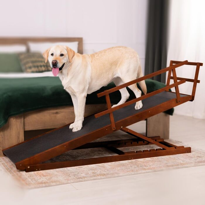 Східці для собак до ліжка з поручнями - для великих собак до 90 кг - регульована висота до 94.5 см - ширина 49,5 см - складані - антиковзні ручки - береза - натуральний колір (волоський горіх)
