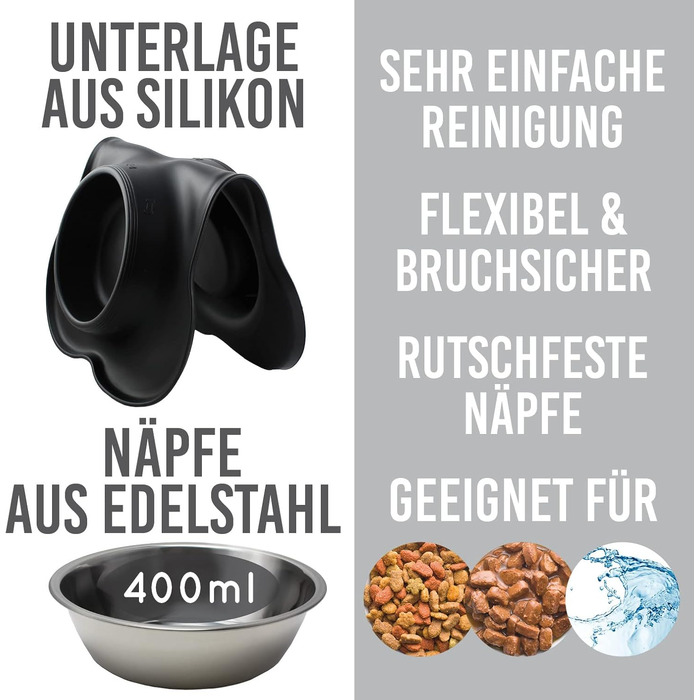 Підставка для миски з силікону KaraLuna з нержавіючою мискою для котів та собак | 400 мл, Чорний | Комплект мисок та підставки
