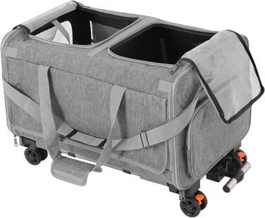 Транспортна переноска для собак та котів з колесами, складана переноска для котів, переноска для собак з сітчастими вентиляційними вікнами, переноска-мішок для тварин з двома відділеннями (сіра)